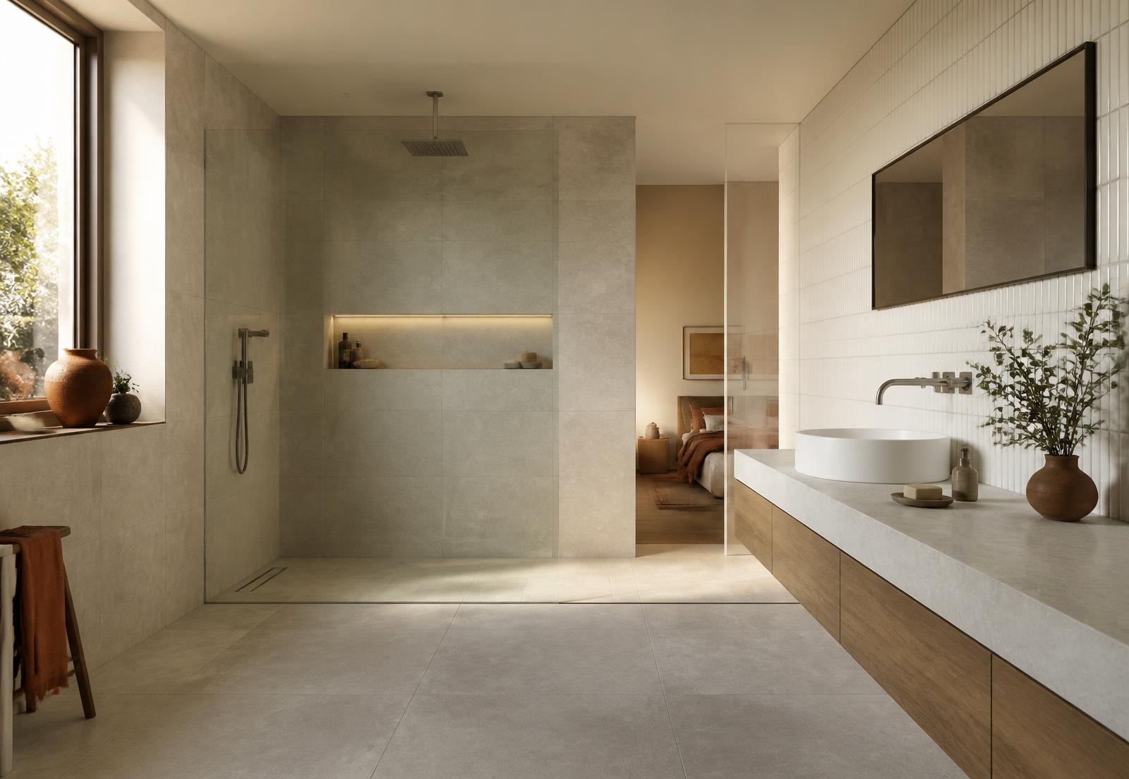 Salle de bains carrelée du sol au mur par Occi’Carrelage